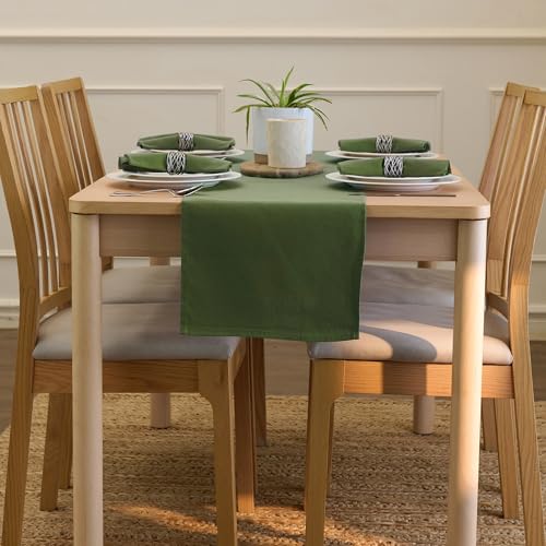 Image of Encasa XO Table Runner for 8 Seater | Cotton Canvas Fabric | Size 13x104 in | Leaf Green Solid Color | Machine Washable & Durable