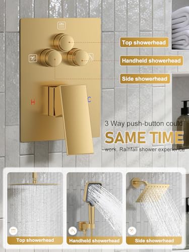 Image of Woindo Shower Faucet Set, 10 inch Ceiling Mount Rainfall Shower System with 2 Rain Shower Head and Multi-function Handheld Head Push Button Diverter Shower Faucet Trim Kit