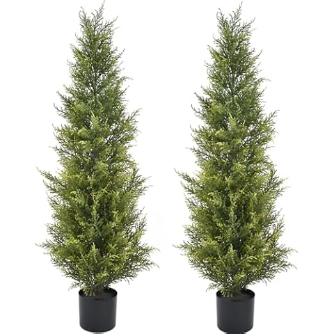 Artificial Cedar Topiary Trees 4FT (2 Pack) Tall Faux Tree with Realistic Leaves, Fake Pine Floor Potted Artificial Plants for Home Office Living Room Patio Porch Indoor Outdoor Decor Cover