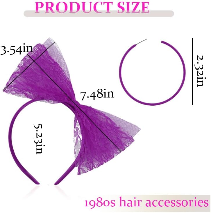 Miniatura 2 de Accesorios de los años 80 para mujer, diadema de lazo de encaje de los años 80 y aretes de neón para mujer, trajes retro vintage de los años 80 para