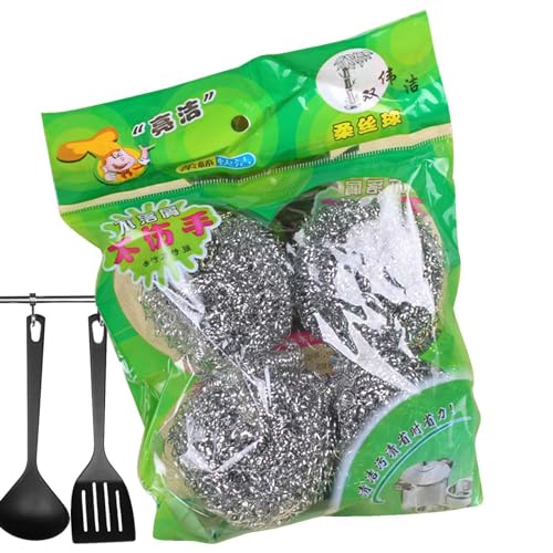 Generic Steel Wire Cleaning Ball - 4PCS Stainless Steel Sponges Scrubbers | Metal Scrubber Scouring Pads Ball | Dishes Washing Scrubber | Steel Scrubber Ball Steel Wire Ball Brush for Kitchen Sink
