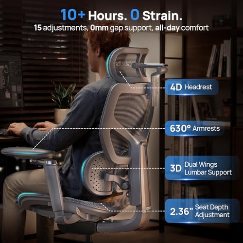 Image of Ergonomic Office Chair with Adaptive Dual-Wing Lumbar Support - Over 10 Hours Sitting Comfortable Mesh Big and Tall Home Desk Chair, 4D Headrest, 630 Armrst, Seat Depth Adjustable
