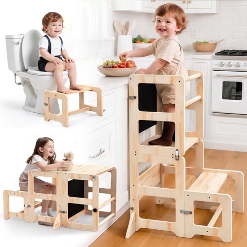 Image of Toddler Kitchen Step Stool, 4-in-1 Foldable Standing Tower with Blackboard, Toddler Step Stool for Bathroom Sink, Kitchen Counter, Ages 18 Months to 4 Years