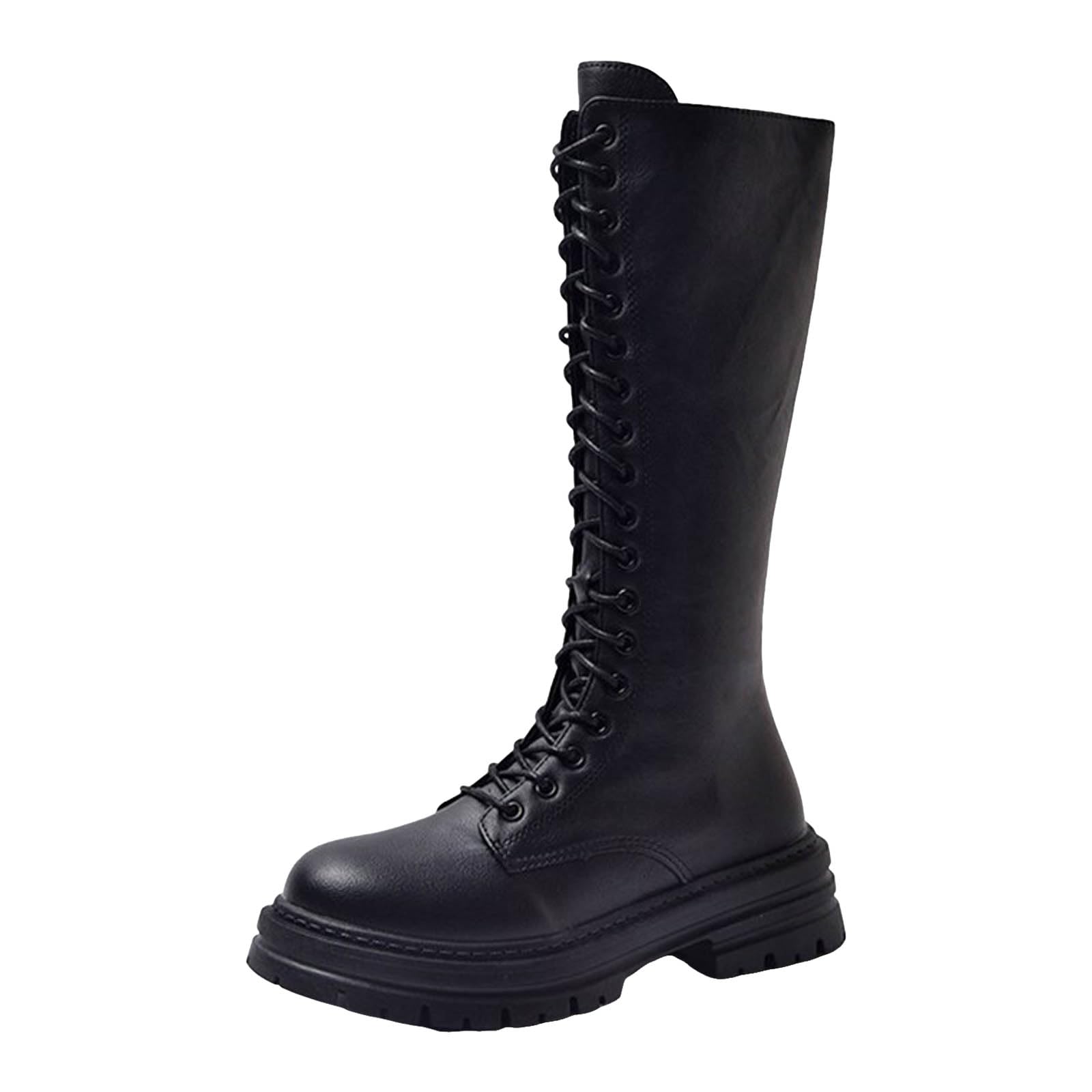 Knee High Boots for Women Wide Calf Lace Up Platform Combat Boots Round Toe PU Leather Punk Goth