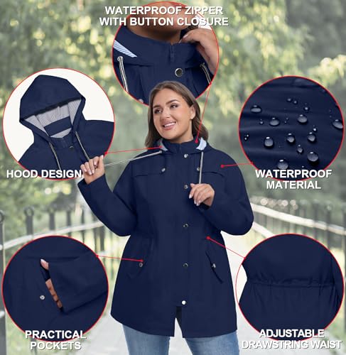 FOREYOND Navy Blue 5XL Plus Size Rain Jacket for Women - Waterproof and Lightweight with Hood - Image 4