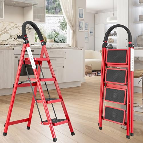 Image of Red 4 Step Ladder for Home Use with Built-in Tool Tray | Heavy Duty D Shape Rods | Ultra Large Platform | Wide Rubber Feet | 150Kg Capacity Foldable Ladder - 7 Years Warranty