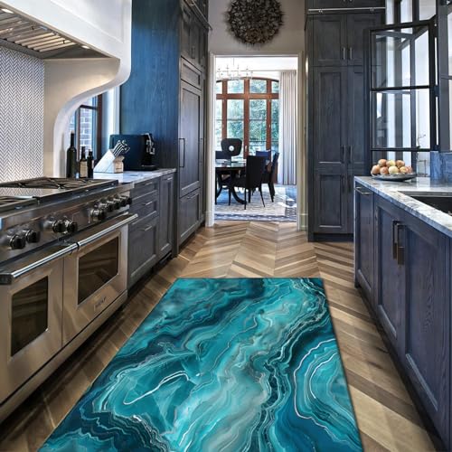 Tapis lavable en machine bleu et marbre abstrait avec envers caoutchouc - 3