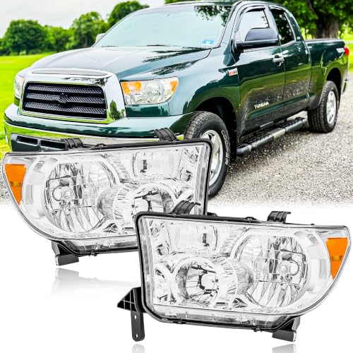 Headlight Assembly Pair for 2007-2013 Toyota Tundra (with/without Level Adjuster)/2008-2017 Toyota Sequoia Head Lamps Replacement Driver and Passenger Side Chrome Housing Amber Reflector