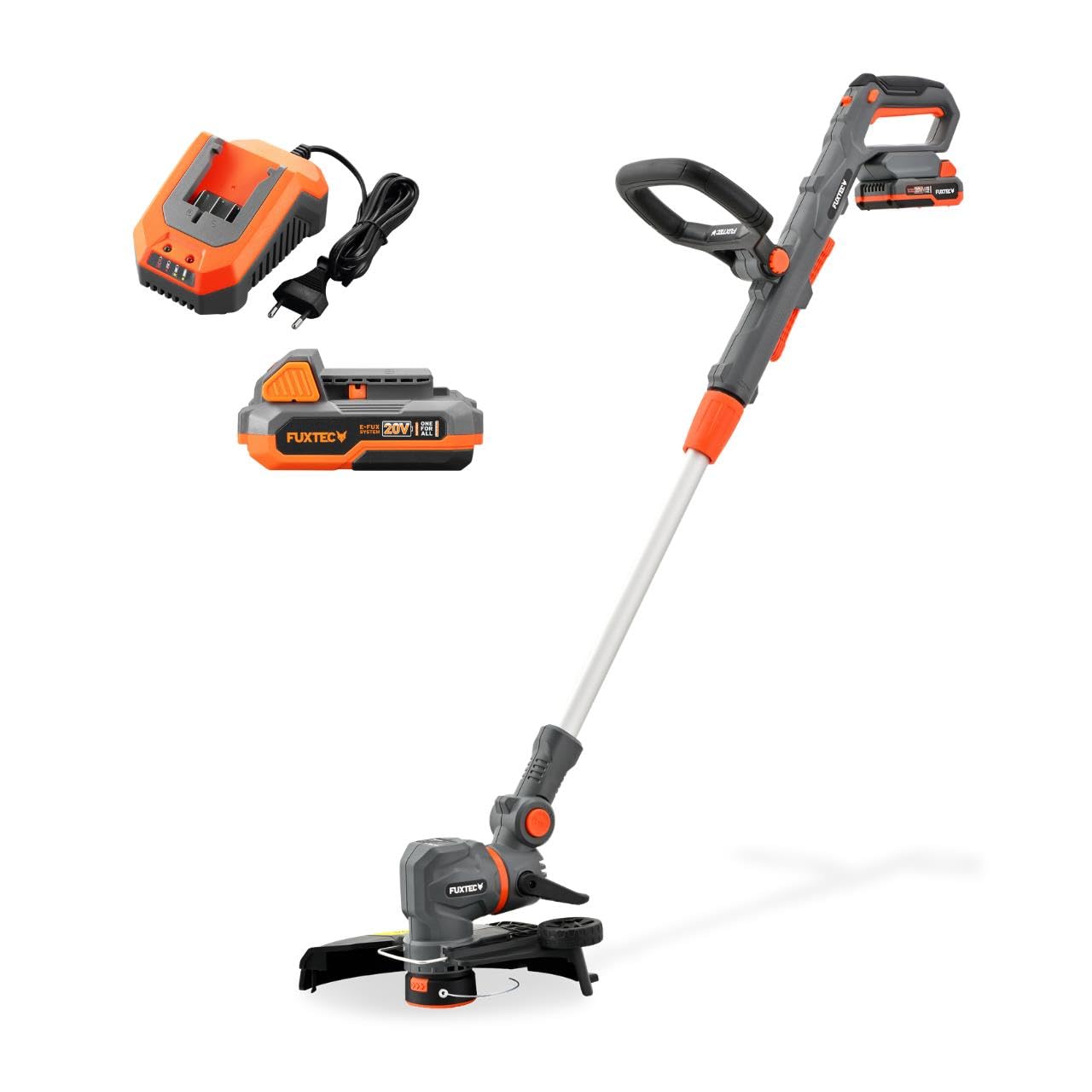 FUXTEC Coupe-Bordures sans Fil 20V FX-E1RT20PROSET avec Batterie 2 Ah et Chargeur • Débroussailleuse électrique • Largeur de Coupe 28 cm • Manche télescopique • 2 Vitesses • Tête pivotante 90°