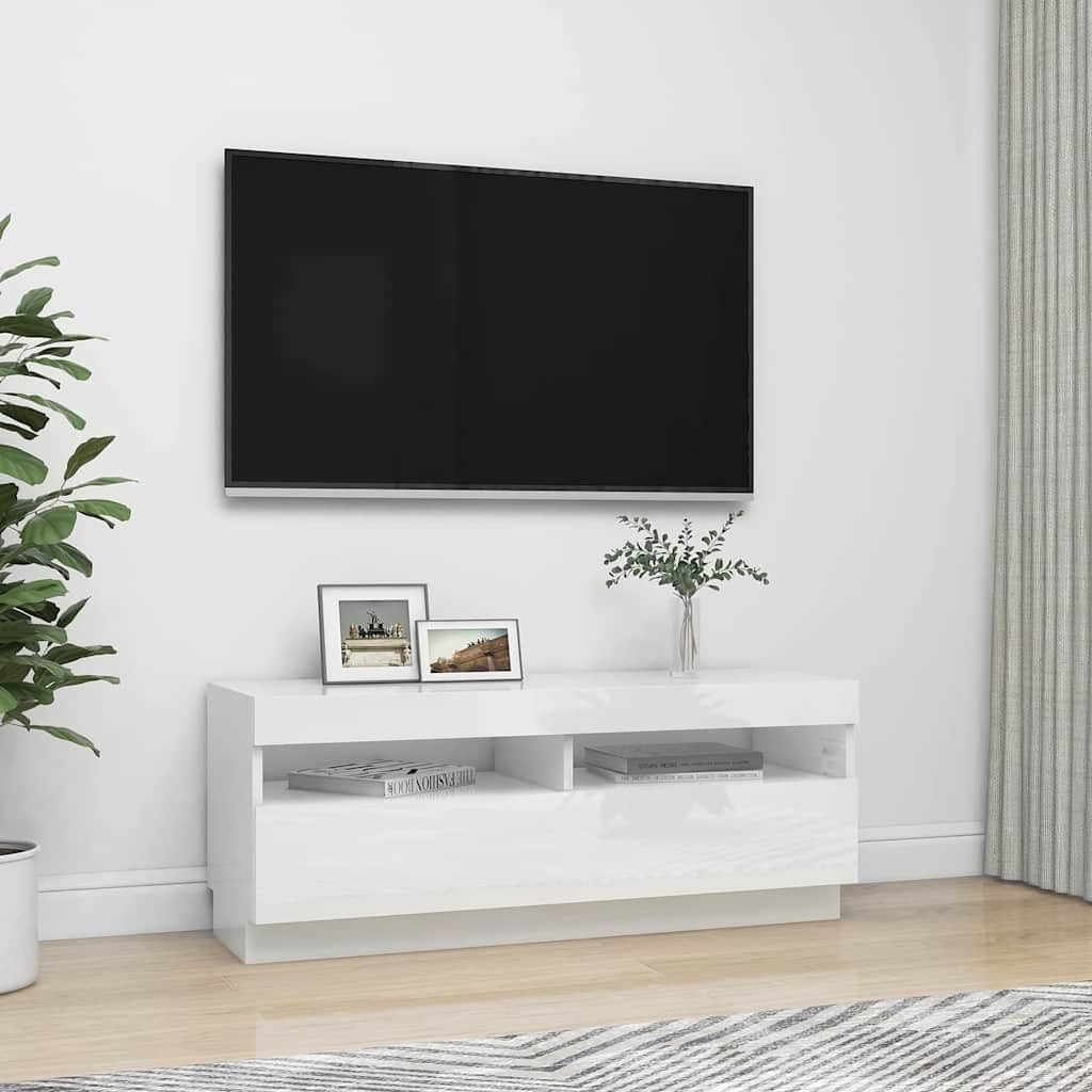 Resistente con luces LED RGB moderno diseño espacioso 100x35x40 cm Blanco | Mueble TV con Luces LED RGB Blanco Brillante 100x35x40 cm Soporte Multimedia con Estantes para Sala