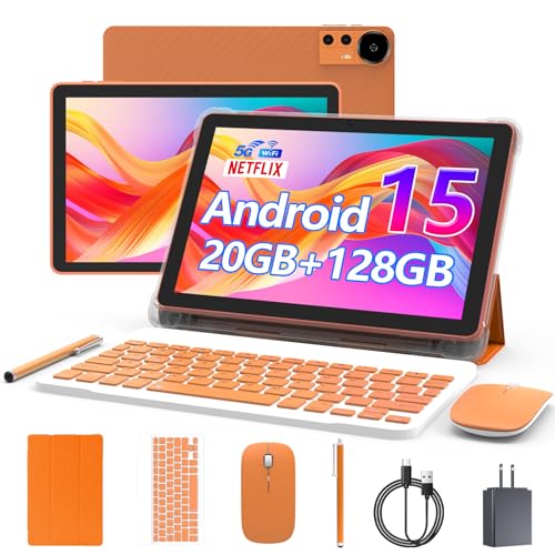 CUPEISI Android 15 Tablet 10 Inch, 20GB RAM+128GB ROM/2TB Expandable, 2.0GHz Quad-core Processor, 1280*800 HD Screen, 5G WiFi6 BT5.0, 2 in 1 Tablets with Keyboard Case Mouse Stylus, Widevine L1 Orange