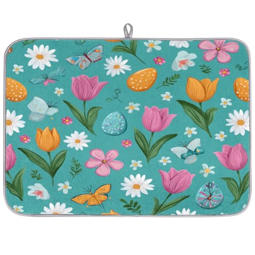 Axurera Tapete de secado de platos con diseño floral de tulipanes de Pascua para encimera de cocina, tapete escurridor de platos absorbente, lavable, para escurridores de encimera, 61 x 46 cm