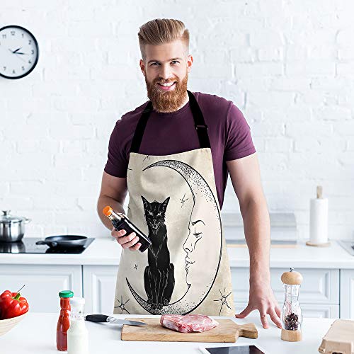 Moslion Cat Apron 31X27 Inch Black Kitten Sits On The Moon Face Stars Night Kitchen Chef Waitress Cook Aprons Bib With Adjustable Neck For Women Men Girls #TOP3