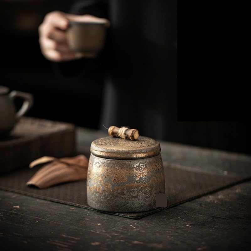 HLTYGWX Słoik na cukier Kamionkowy pozłacany ceramiczny słoik na herbatę Zamknię chiński Retro do przechowywania w gospodarstwie domowym Pu'er Biały mały pojemnik na herbatę