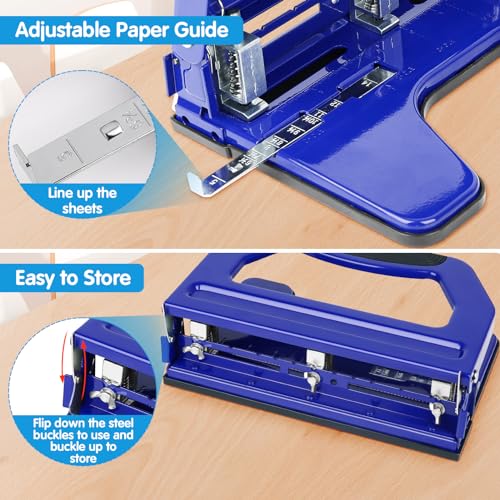 Image of AFMAT 3 Hole Punch Heavy Duty, 9 /32 inch Holes, 50-Sheet Hole Puncher 3 Ring, 50% Reduced Effort, Adjustable Two & Three Hole Punch, Metal Paper Puncher w /Large Chip Tray, Metal Paper Guide, Blue, HP18