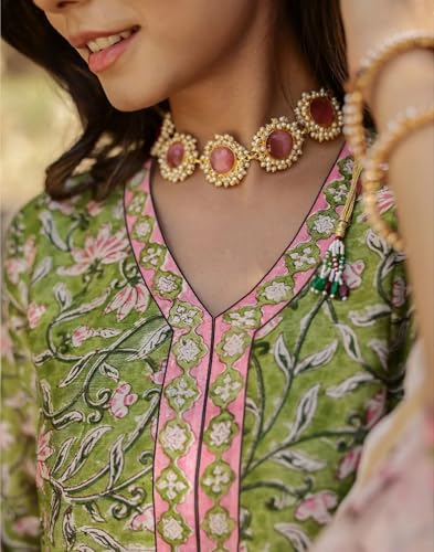 Fabnex Poly Reyon Regular Women Kurta Set (K-77-Green-L_Green