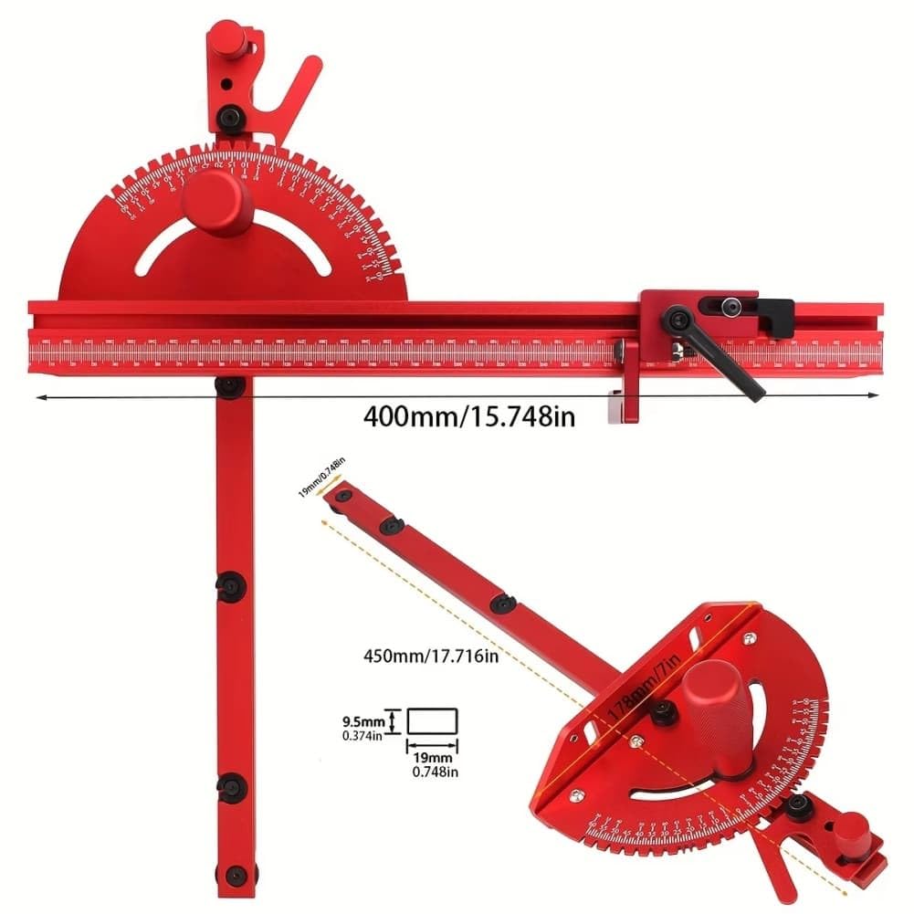 Aluminiowy miernik ukośny do pił stołowych, kompatybilny z torami T 30 mm i 45 mm, ogrodzenie w skali metrycznej z klapką i blokadą kątową