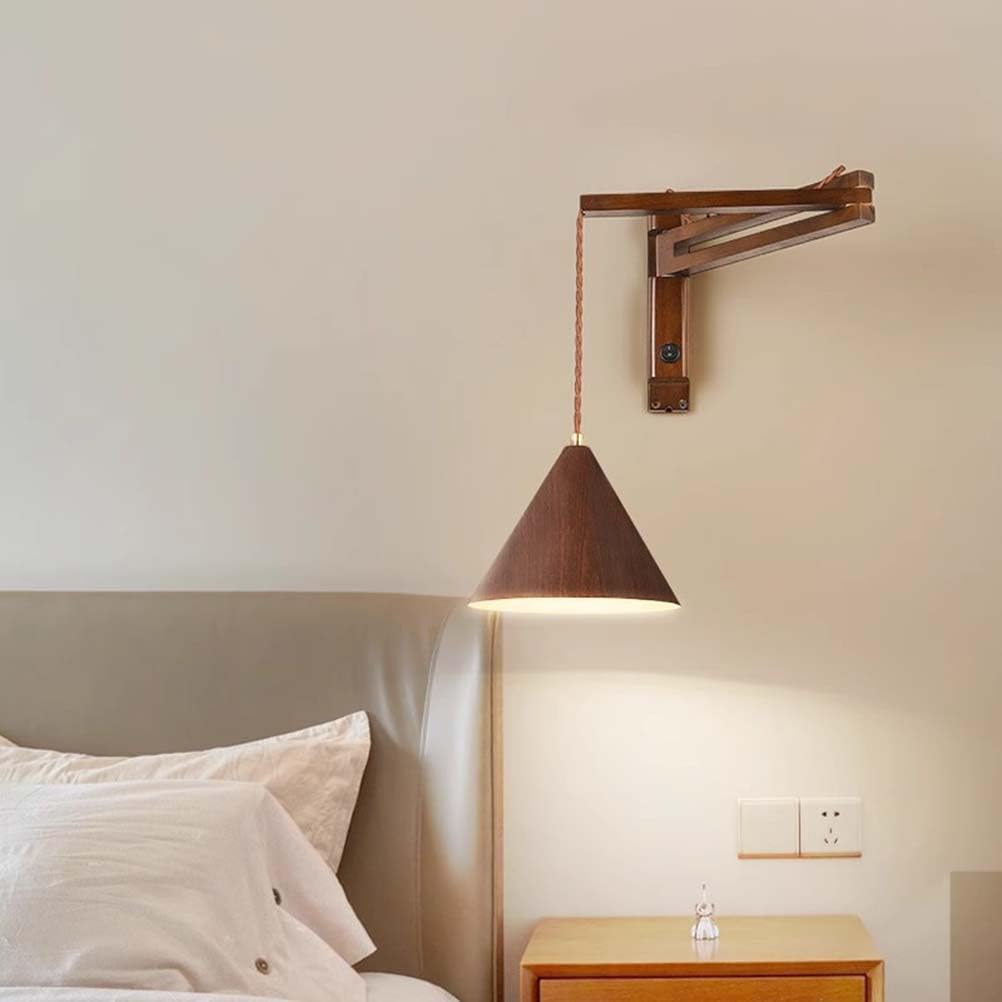 AoLa Holz Schwenkarm Wandleuchte Innen mit Schalter Verstellbarer Wandlampe Vintage Industrial E27 Langer Arm Leselampe Einstellbar Retro Lampe für Schlafzimmer Kinderzimmer Arbeit Hotel,Braun