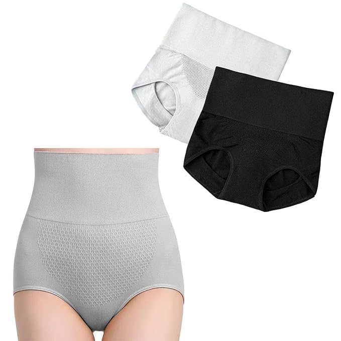 SHRI MODESHWARI ENTERPRISES Cotton High Waist Panties Tummy Control Underwear Ladies Briefs Shapewear Double Layer-2pc Panties-Black + Grey-image-36