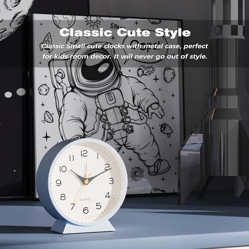 Image of AYRELY 4.5 inch Analog Alarm Clock,Small Retro Desk Clock Battery Operated,Silent Metal Table Clock with Light for Living Room Decor,Bedroom,Bedside,Shelf (Light Blue)