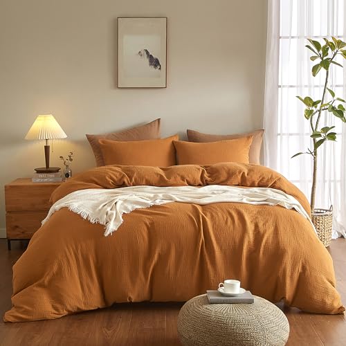 SE SOFTEXLY Muslin Duvet Cover King Size, 100% Washed Cotton Duvet Cover Set, Ultra Soft Comforter Cover Linen Like, 3 Pieces Minimalist Gauze Duvet Cover with 2 Pillowcases, 90"x104", Pumpkin