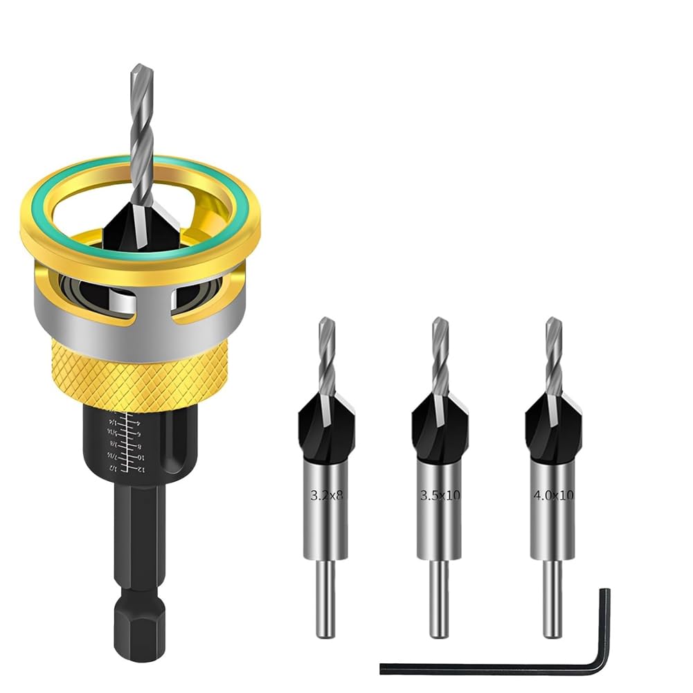 Littimoon Pre-Drilling and Countersinking in, 6-Piece Countersink Drill Bit Set, Includes Depth Stop,1/4 Inch Hex Shank