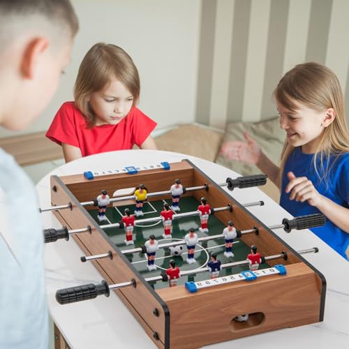 HOMASIS Mini Tischkicker Kinder, Kickertisch inkl. 2 Kickerbälle & 4 Spielstangen, Tischfußball mit Griff & Anzeigetafel, Fußballtisch Holz-Optik für Kinder & Erwachsene 51 x 30,5 x 9 cm – Bild 3