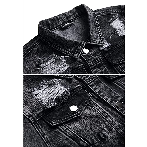 Image of RANMCC Men's Elastic Ripped Denim Jacket, Vintage Washed Frayed Trucker Coat, Lightweight Casual All Season Street Outerwear