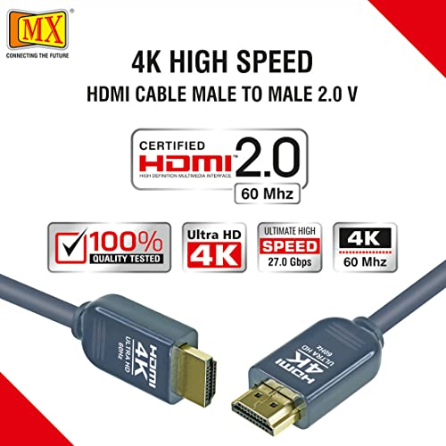 Image of MX HDMI Cable 1.5 Meter High Speed HDMI 2.0 Male to Male, 4K Ultra HD 2160p 60Hz, 3D & ARC Support, 19 Pin Gold Plated Connectors for TV Laptop PC Monitor Projector (Black)