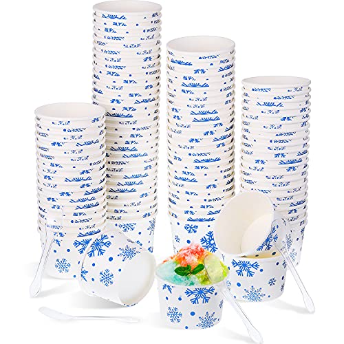Image of Boao 100 Set 5 oz Ice Cream Cups with Spoons Disposable Paper Sundae Dessert Bowls Summer Party Supplies (Snowflake Style)