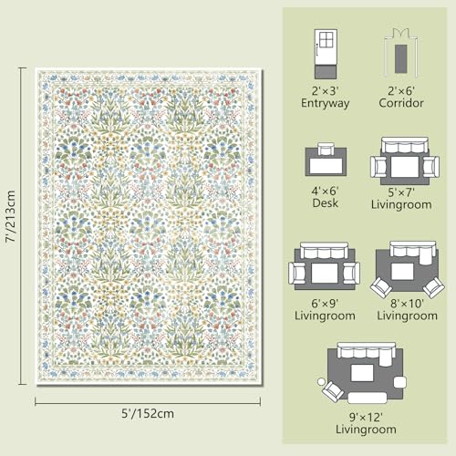 Image of Light Green 5x7 Area Rug - Vintage Floral Washable Bedroom Rug for Living Room, Nursery, Dining Room - Low Pile, Non-Slip, Stain Resistant, Retro Indoor Floor Rug