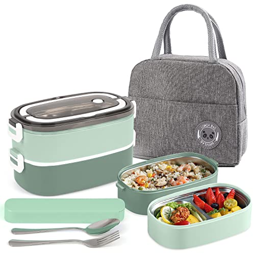 Image of 2 Tier Lunch box Bento Box with 3 Compartments & Cutlery, Leakproof Bento Lunch Box for Adult Kids, Food Storage Portable Lunch Box with Lunch Bag for Work School