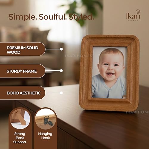 Image of Ikari Homes Premium Solid Wood Photo Frame for Tabletop & Wall Hanging | Boho Aesthetic Picture Frame with Strong Back Support & Hanging Hook| Heavy Sturdy Artisan Crafted Walnut Finish