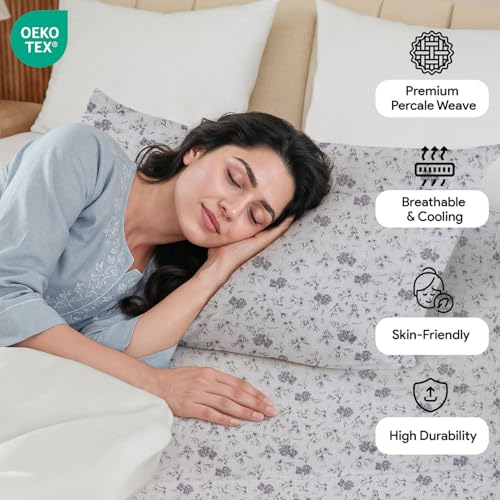 Image of LINENWALAS 100% Cotton Elastic Fitted Bed Sheet for King Size Bed | Fits 6-12 Inch Mattress | Soft, Breathable, Oeko-TEX Certified Premium Bedsheet with 2 Pillow Cover (72x78 Inches, Lavender Haze)