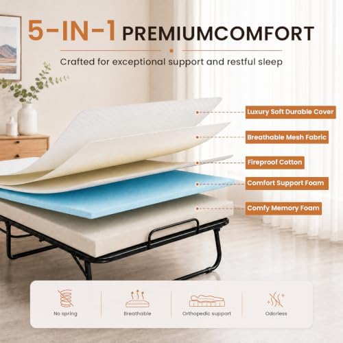 Maemttes Folding Bed with Mattress, Portable Guest Bed with 5-inch Memory Foam Mattress,75x31inch Rollaway Portable Beds for Adults — view 3