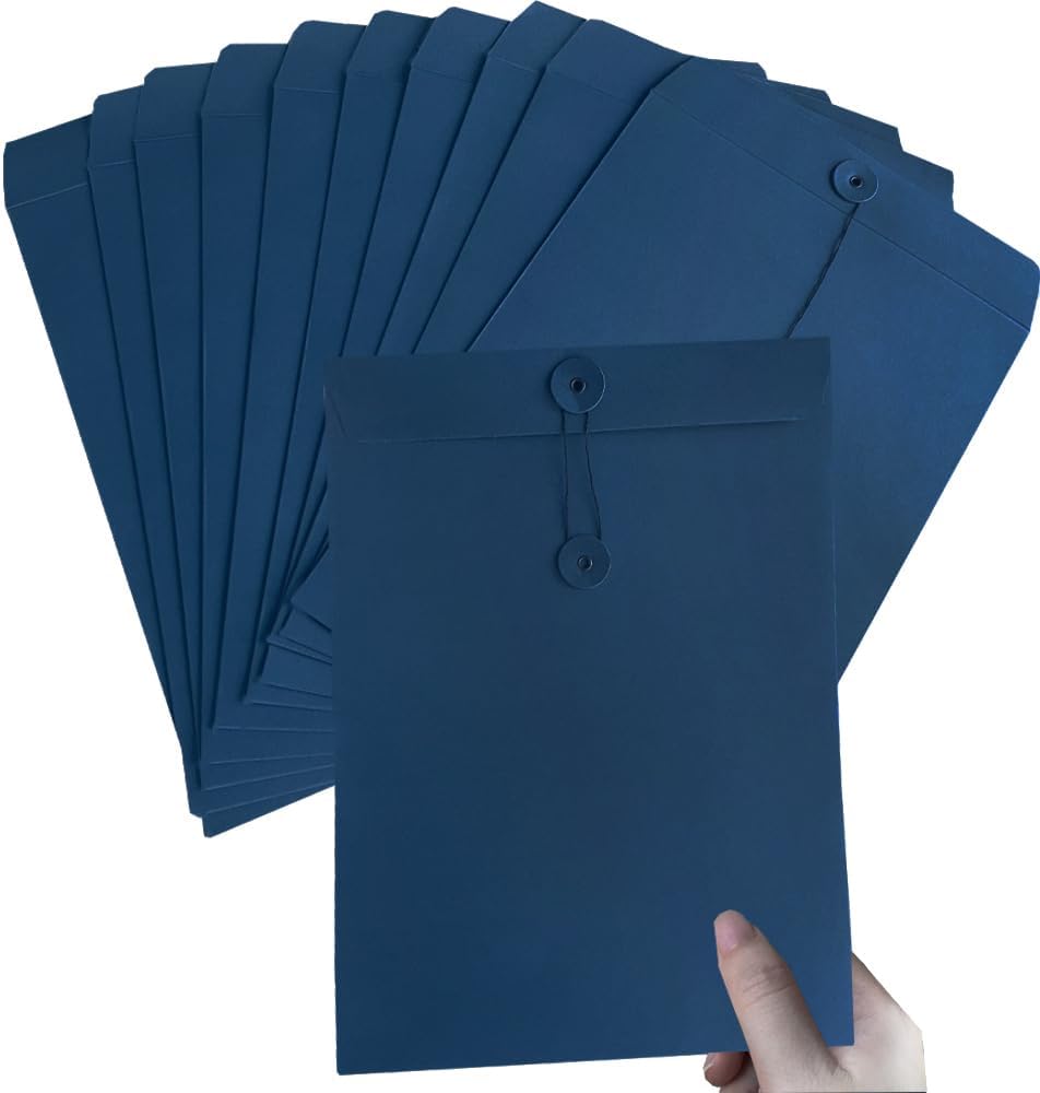 10Pcs A4 Kraft Paper File Folder Blue Filing Envelope Folder Project Document Folder with String Closure Presentation Holder Letter Organizer Bag Pouch Project Report Pocket Paperwork Organizer