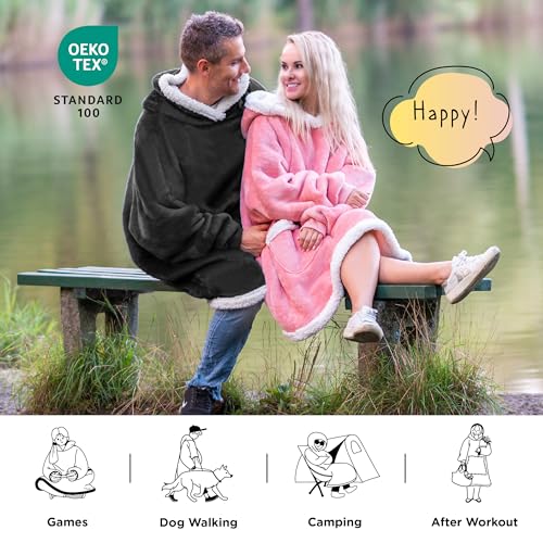 Bedsure Blanket Hoodie, Wearable Blanket for Adults & Kids as Gifts for Women Men, Birthday Gifts for Women Mom Girl Sherpa Oversized Hoodie, Grey Black, Small