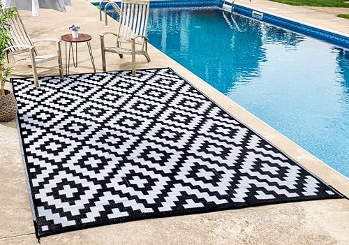 FH Home Aztec - Alfombra de Suelo Reversible para Interiores y Exteriores (180 x 270 cm, plástico Reciclado, Resistente a la Intemperie y a los Rayos UV, Negro/Blanco