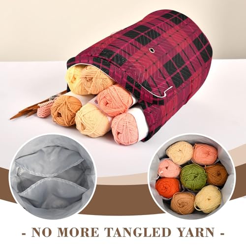 Image of Tatenale Crochet Bag Yarn Bag Knitting Project Bag with Pockets and Handle Portable Yarn Storage Organizer Tangle Free 8.3x11 InchCheckered Red14