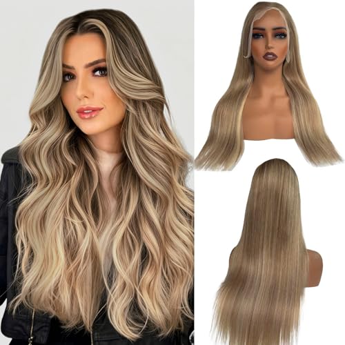 Image of Belaved Ombre Blonde Lace Front Wig, Human Hair, 13x4 Highlights Ash Brown to Blonde, 150% Density Straight 30 Inch HD Lace Frontal Wig for Women, Pre-Plucked With Baby Hair