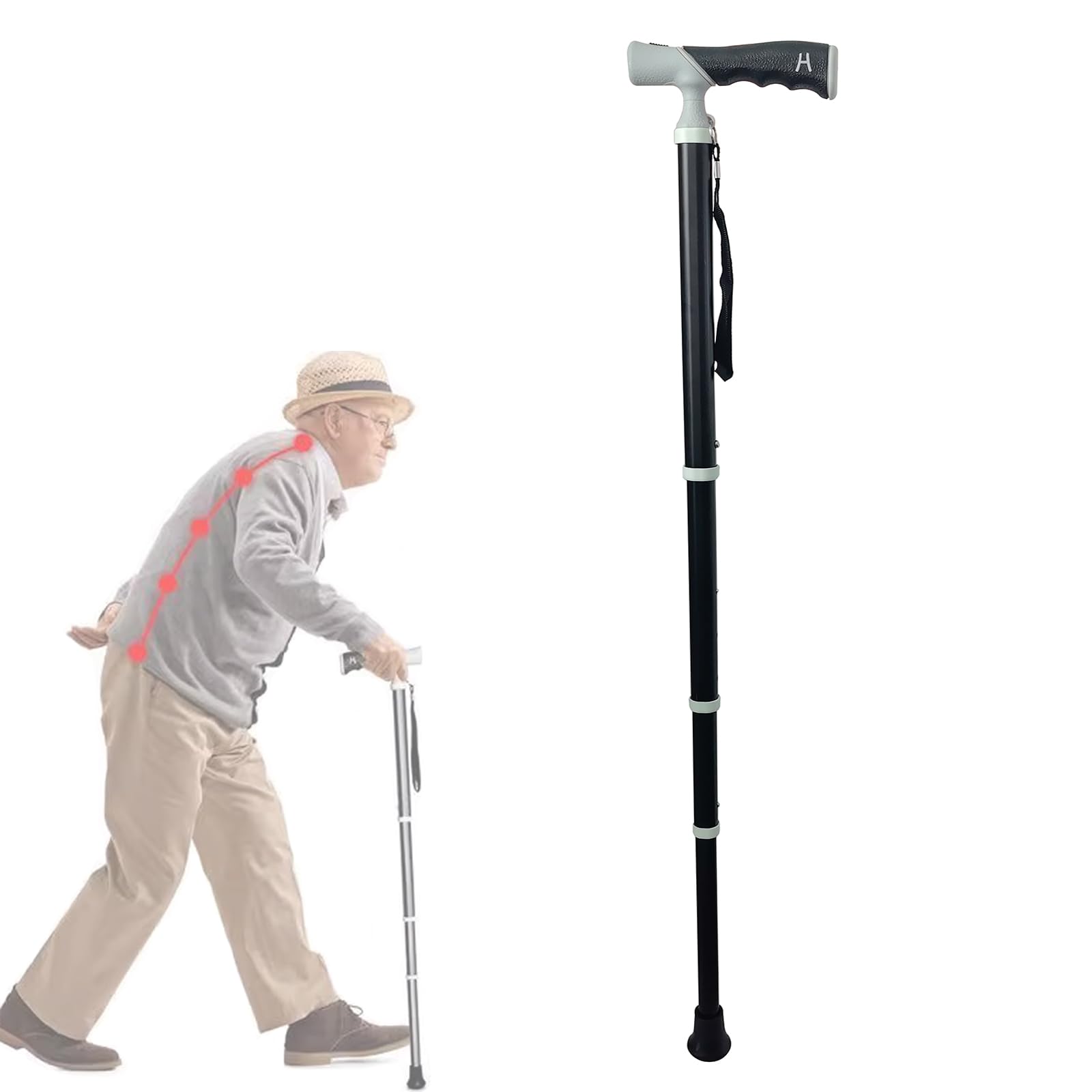 Bâtons de randonnée réglables pour Seniors, poignée Double Usage, Embout antidérapant en Caoutchouc (1 pièce)