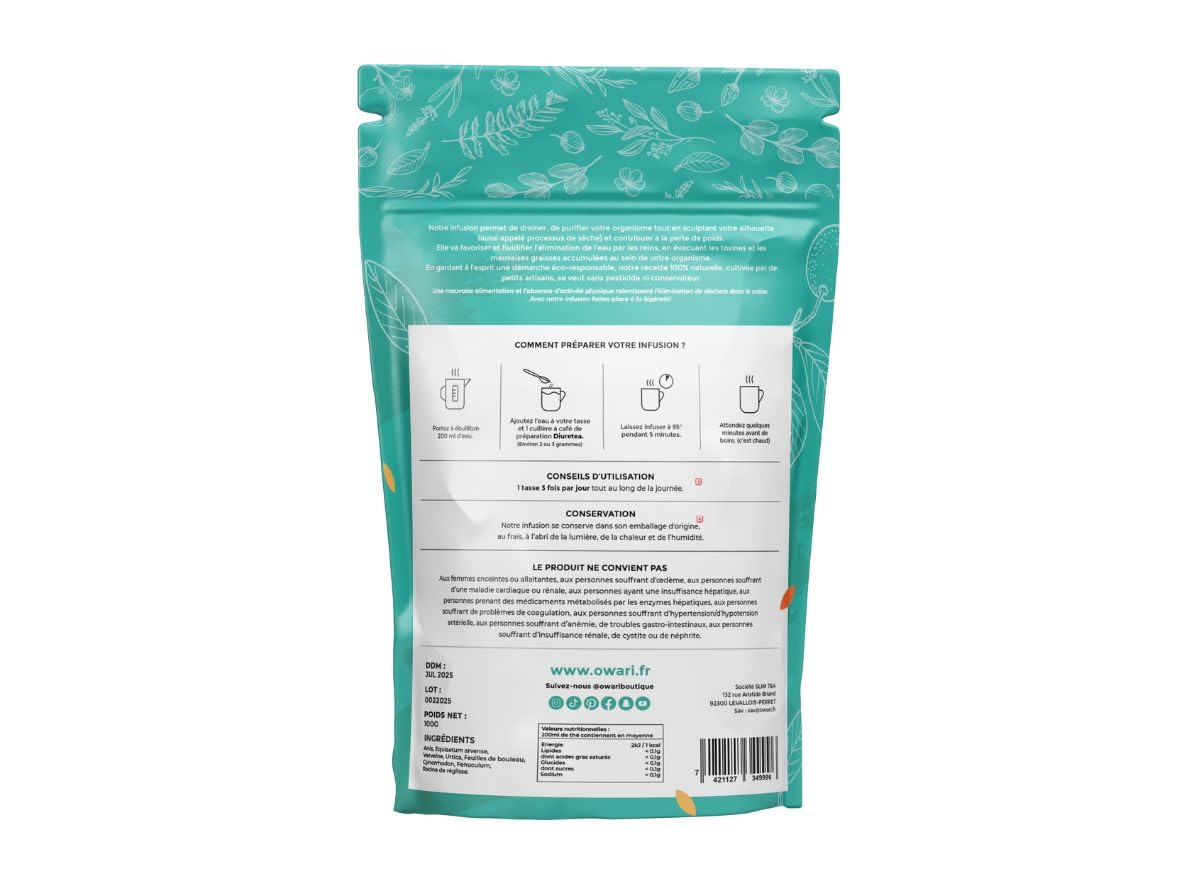 OWARI Diuretea - Thé Détox et Tisane Draineur Puissant - Infusion en Vrac Anti-Rétention d'Eau - 100 g - Ingrédients 100% Naturels - Produit en France