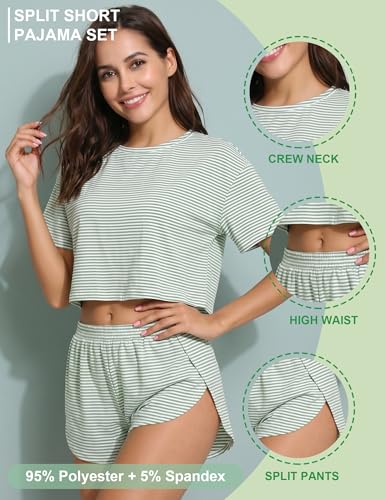 Image of Split Short Pajama Set 2 Piece Soft Women's Striped Pajamas Summer Sleeve Tee & Elastic Waist Shorts Sleepwear