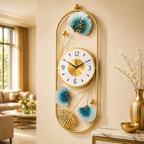 Image of Gold Metal Wall Clock for Living Room Stylish Decor | Designer Ginkgo Leaf Wall Art | Silent Non-Ticking Premium Analog Clock for Home & Bedroom