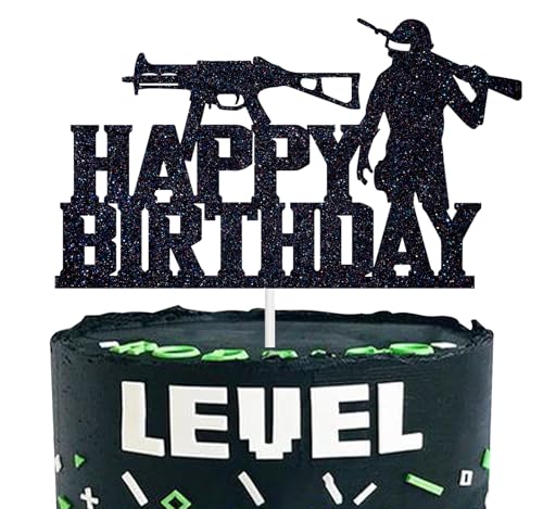 Video Game Happy Birthday Cake Toppers - PUBG Happy Birthday Cake Decorations Picks for Kids Gaming Themed Birthday Party Black Glitter