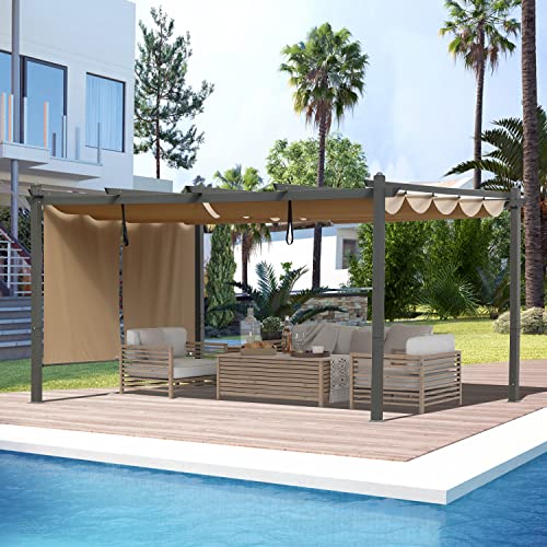 BPS 16×12 FT Outdoor Pergola with Retractable Shade Canopy Aluminum Frame Roller Shade Curtains Grape Trellis Design for Patio Backyard and Deck Khaki