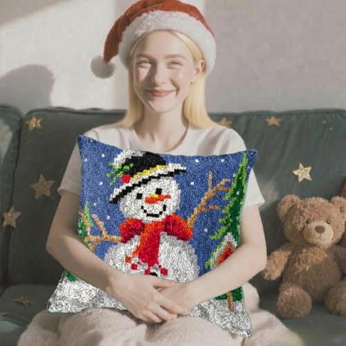 Image of Howie's Latch Hook Kit, DIY Snowman Pillow Crochet Yarn Kits for Adults, Color Preprinted Pattern Embroidery Sofa Cushion Cover (Christmas-Snowman 2, 16.93 x 16.93 inch)