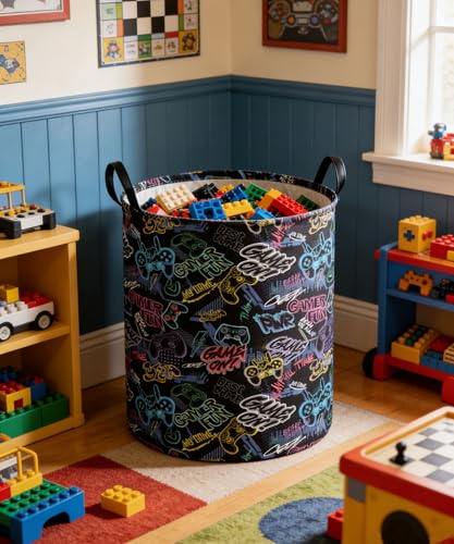Image of Kids Laundry Basket Boys Laundry Hamper Kids Collapsible Canvas Waterproof Storage Bin for Boys Baby Nursery Hamper Gift Baskets for Bedroom(Cool games)