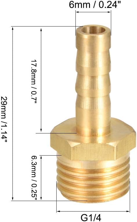 uxcell Brass Hose Barb Fitting,Connector,6mm Barb x G1/4 Male Pipe Adapter,5pcs