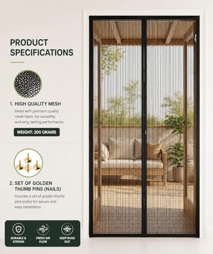Image of Magnetic Mosquito Screen Door Net Curtain with Magnets Reinforced Polyester Curtain Back Door Mesh with All in One Insect Control | Insect Repellent Size 7 feet Black Color